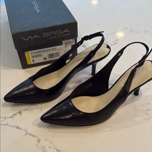 Via Spiga Black Leather Slingbacks